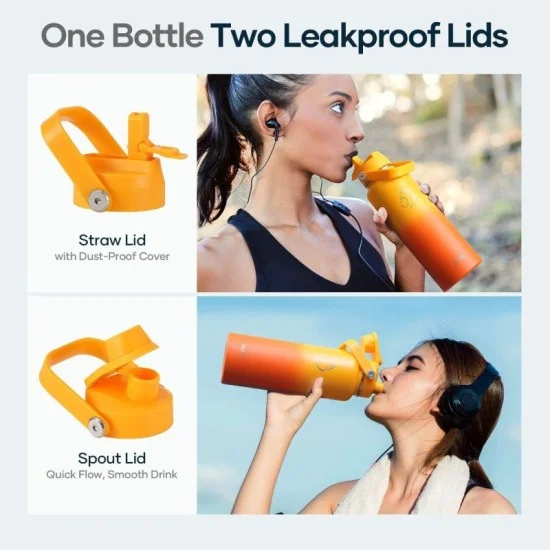 Buzio Duet Series Water Bottle with 2 Lids and Sleeve 1.2L - Yellow Orange